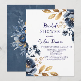 Invitación Chorro Nupcial de Peonía Azul Marino y Dorado