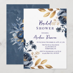 Invitación Chorro Nupcial de Peonía Azul Marino y Dorado