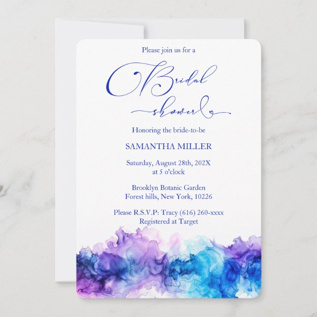 Invitación Chorro Nupcial Editable Azul y Morado (Anverso)