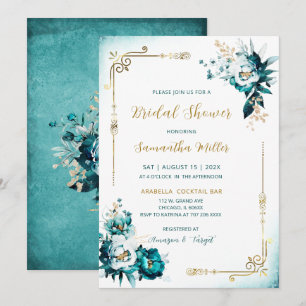 Invitación Chorro Nupcial Editable Verde Acuario y Dorado