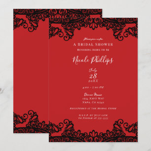 Invitación Chorro Nupcial Elegante y Chic de Encaje Rojo y Ne