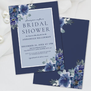 Invitación Chorro Nupcial Floral Acuarela Azul Elegante