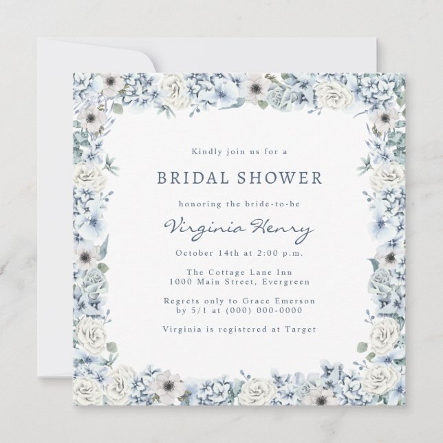 Invitación Chorro Nupcial Floral Azul (Anverso)