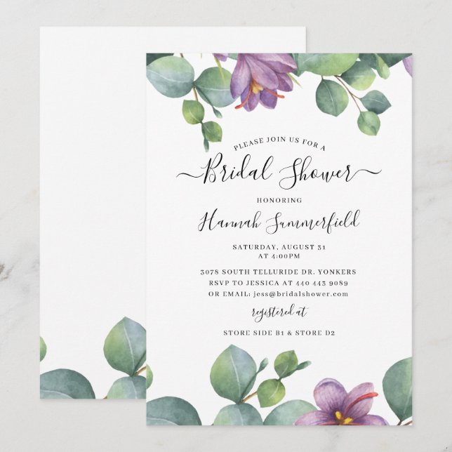 Invitación Chorro Nupcial Floral de Eucalipto Verde (Anverso / Reverso)
