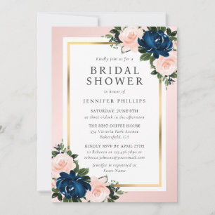 Invitación Chorro Nupcial Floral de Rosa Azul Naval y Dorado