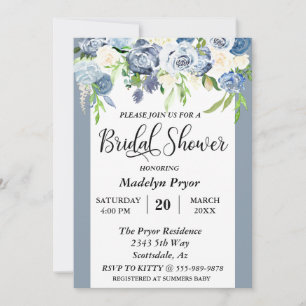 Invitación Chorro Nupcial Floral en Acuarela de Azul Polvo