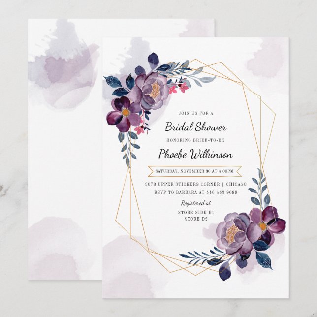 Invitación Chorro Nupcial Floral Morado Rústico (Anverso / Reverso)