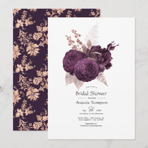 Invitación Chorro Nupcial Floral Rosa Dorado y Púrpura Oscuro