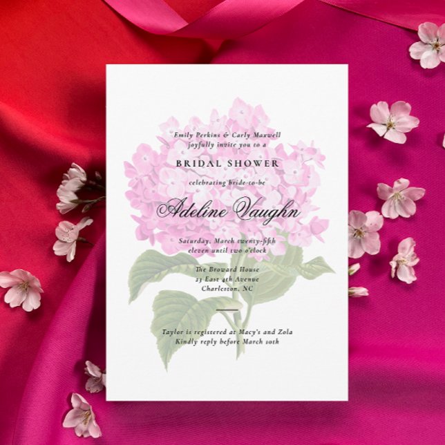 Invitación Chorro Nupcial Grandmillennial Hortensia Rosa (Antique Pink Hydrangea graphic white bridal shower invitation with traditional and elegant text)