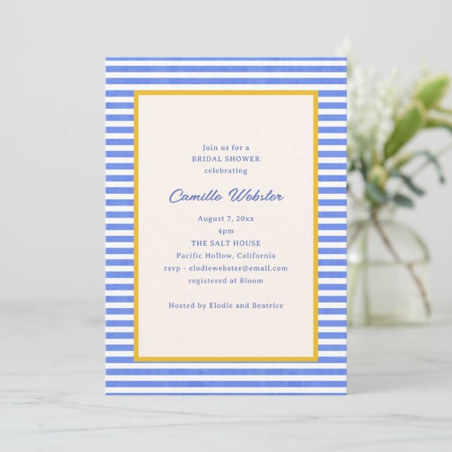 Invitación Chorro Nupcial Retro Costero de Raya Azul y Blanca (Anverso de pie)
