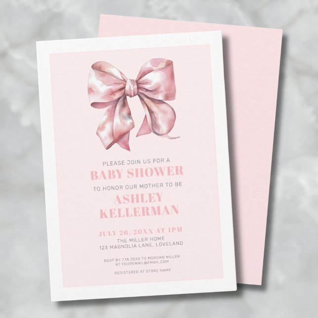 Invitación Chorro Rosa de Cumpleaños para Bebe (Watercolor Pink Bow Baby Shower Invitation)
