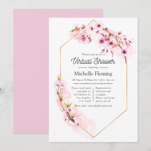 Invitación Chorro Virtual de Bebé de Floral Rosa Geométrico d (Anverso / Reverso)