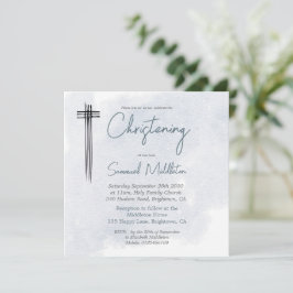 Invitación Christening Baptism Blue Wash Cruz Moderna