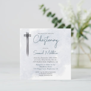 Invitación Christening Baptism Blue Wash Cruz Moderna