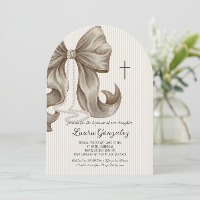 Invitación Christening Baptism Elegant Neutral Striped Bow  (Anverso de pie)
