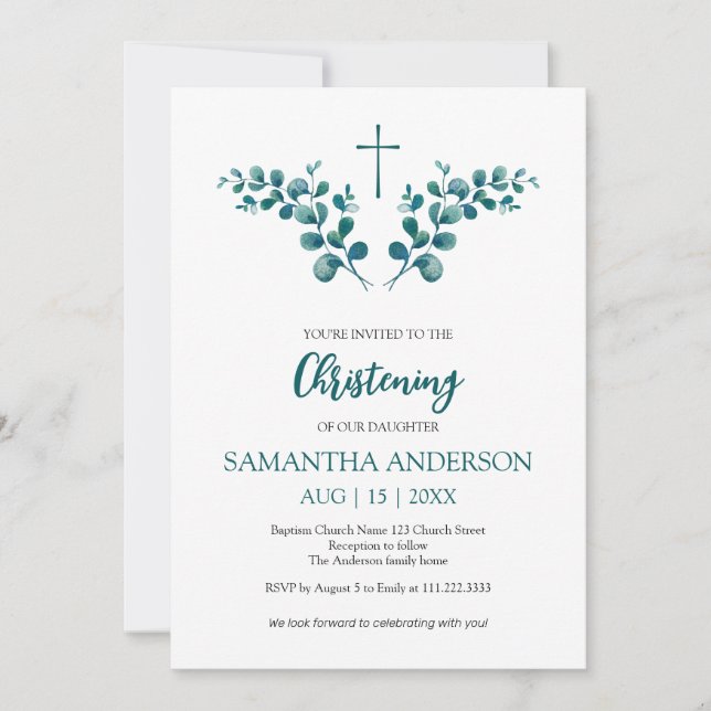 Invitación Christening Baptism Eucalyptus Greenerenminimalist (Anverso)