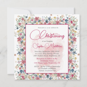 Invitación Christening Baptism Floral BurgunCross