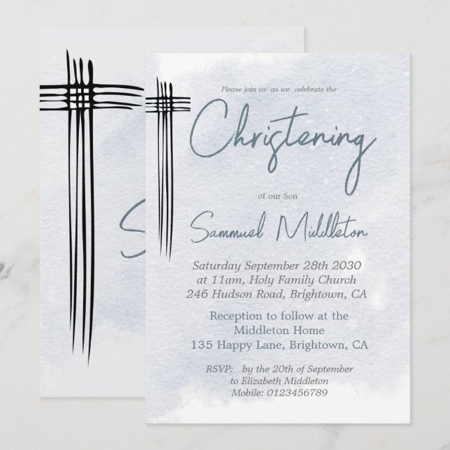 Invitación Christening Baptism Modern Blue Wash Cross (Anverso / Reverso)
