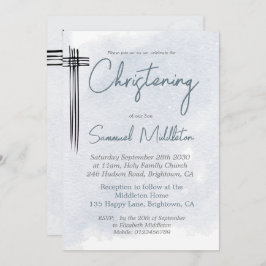 Invitación Christening Baptism Modern Blue Wash Cross