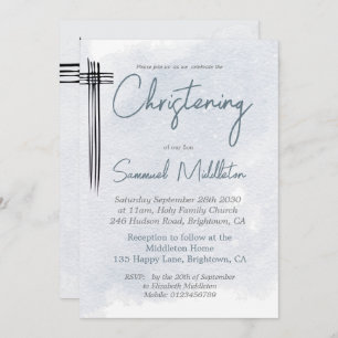 Invitación Christening Baptism Modern Blue Wash Cross