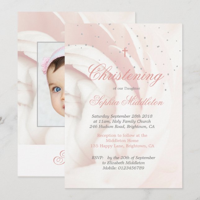 Invitación Christening Baptism Photo Chica Pink Rose Silver (Anverso / Reverso)