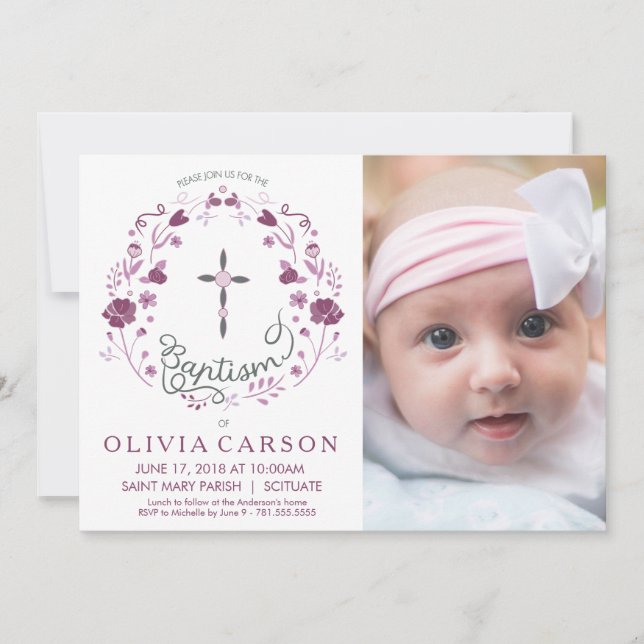 Invitación Christening, Baptism Photo Invitation con Cross (Anverso)