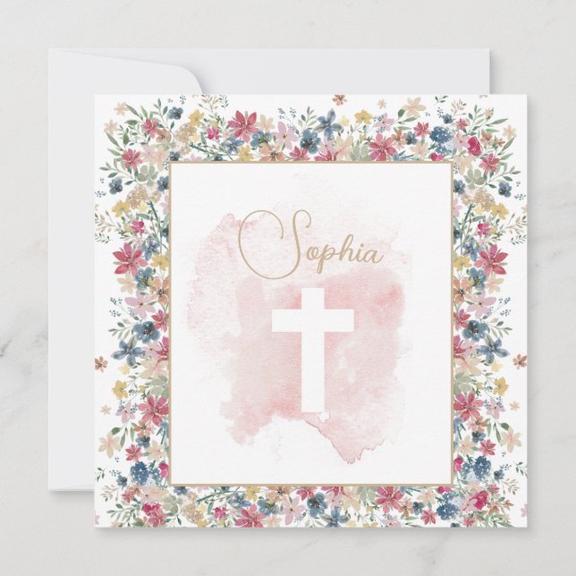 Invitación Christening Baptism Pink Floral Cruz religiosa (Reverso)