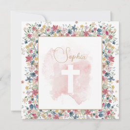 Invitación Christening Baptism Pink Floral Cruz religiosa