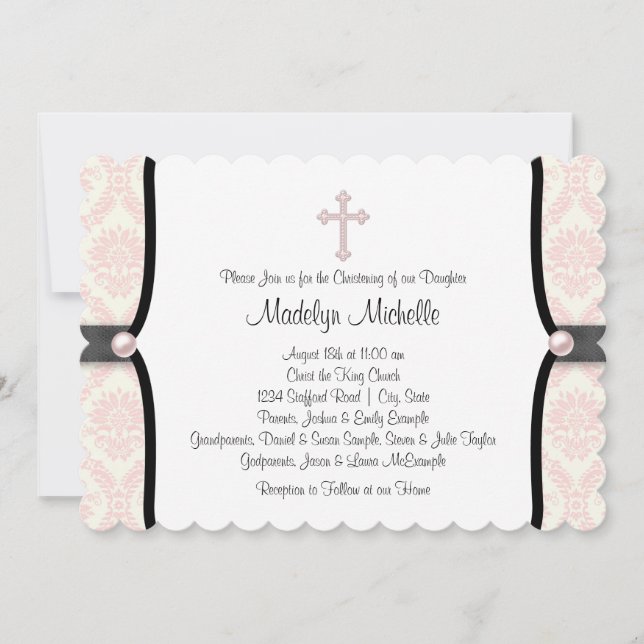 Invitación Christening Black Damask Pink (Anverso)