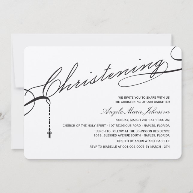 Invitación Christening Black Script Cross Photo Religious (Anverso)