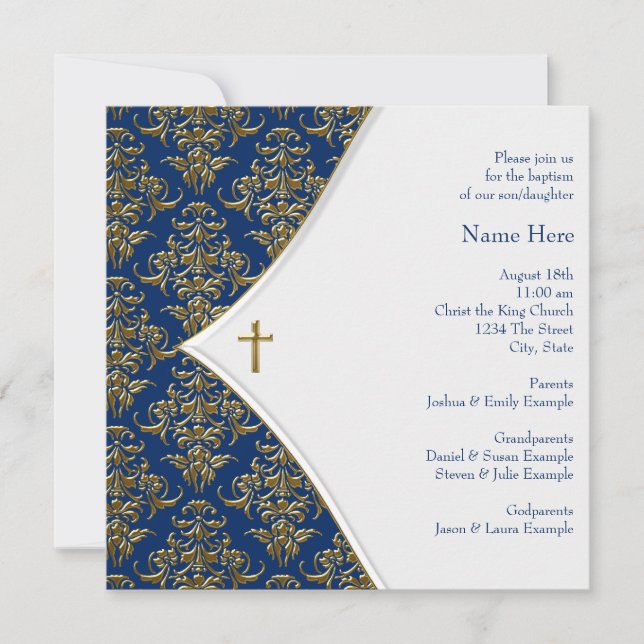 Invitación Christening Blue and Gold Cross (Anverso)