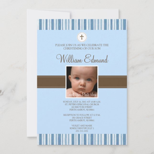 Invitación Christening Blue Stripe Photo Invitation - Boy (Anverso)