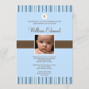 Invitación Christening Blue Stripe Photo Invitation - Boy