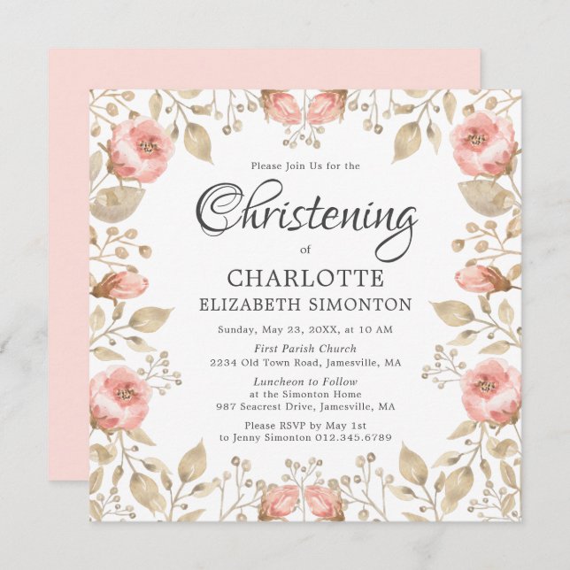 Invitación Christening Botánico de Oro Rosa Rosa (Anverso / Reverso)