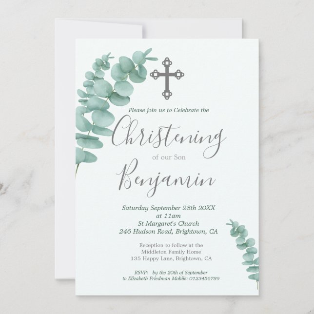 Invitación Christening Boy Eucalyptus Greenery Moderno (Anverso)