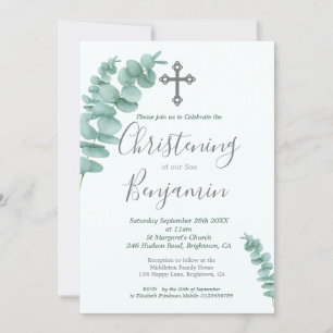 Invitación Christening Boy Eucalyptus Greenery Moderno