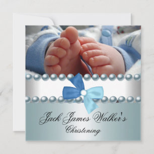Invitación Christening Boy White Blue Pearl Bow Photo