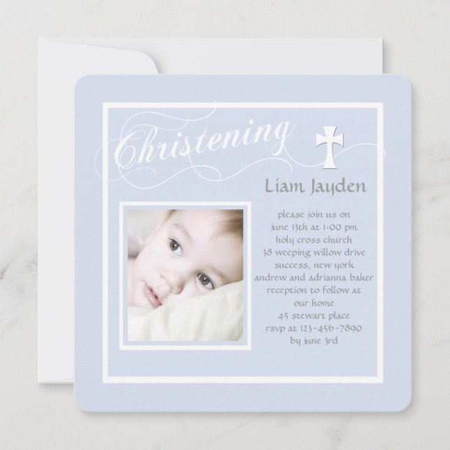 Invitación Christening Calligraphy Blue Photo Invitation (Anverso)