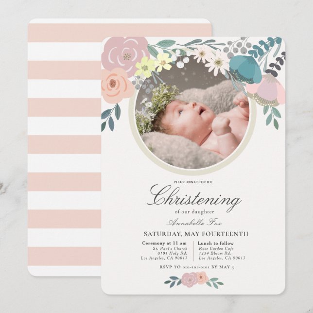 Invitación Christening, Chica de foto con Floral Rosa (Anverso / Reverso)
