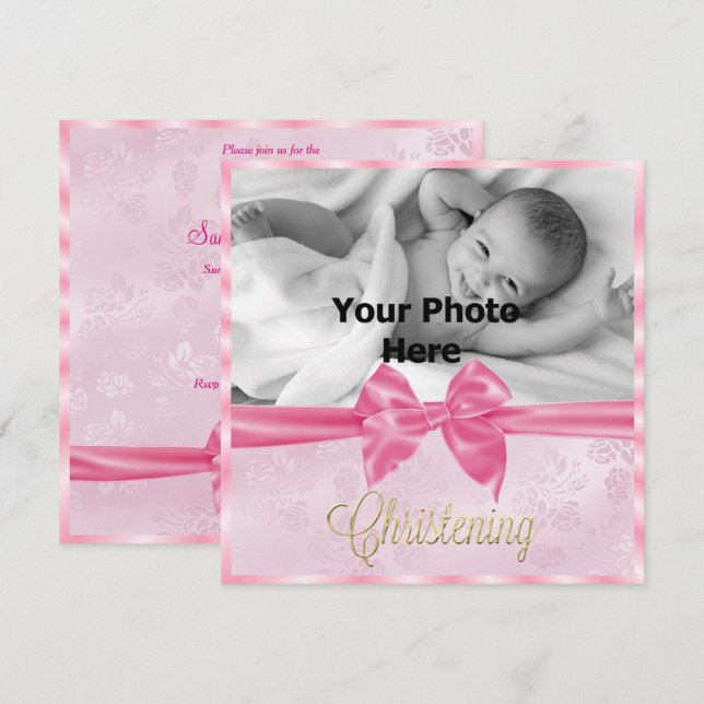 Invitación Christening, Chica de Satin Bow Photo (Anverso / Reverso)