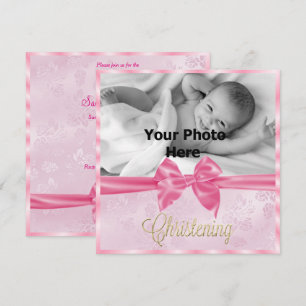 Invitación Christening, Chica de Satin Bow Photo