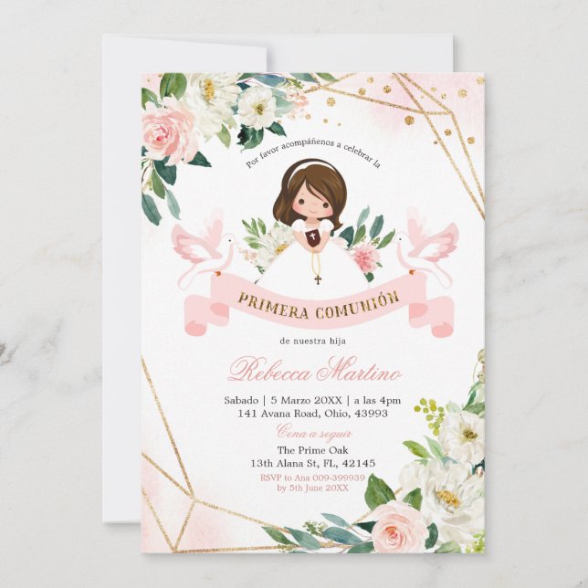 Invitación Christening Chica floral de oro rosado en español (Anverso)