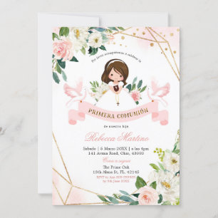 Invitación Christening Chica floral de oro rosado en español