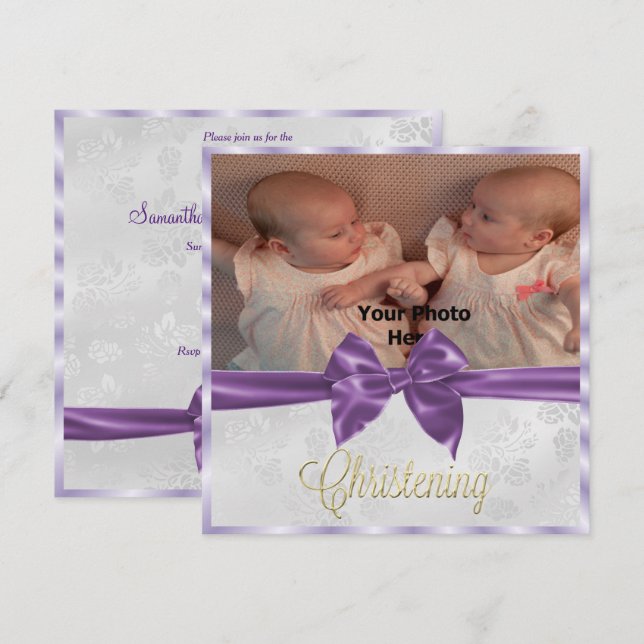 Invitación Christening Chica gemelo de Satin Bow Photo (Anverso / Reverso)