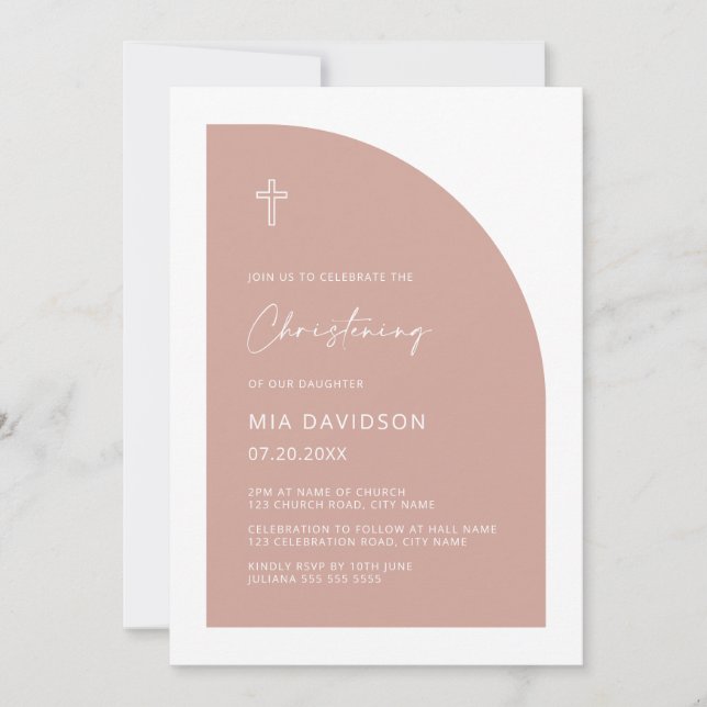 Invitación Christening Chica rosa Rubor de medio arco minimal (Anverso)