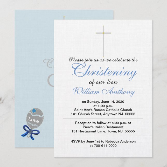 Invitación Christening Cross Blue Gray (Anverso / Reverso)