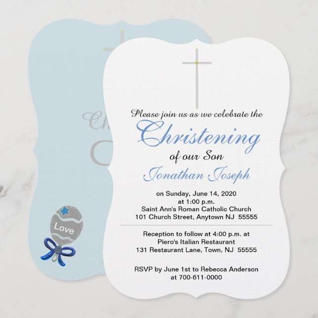 Invitación Christening Cross Blue Gray Baby Boy Rattle (Anverso / Reverso)