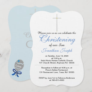 Invitación Christening Cross Blue Gray Baby Boy Rattle
