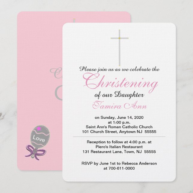 Invitación Christening Cross Daughter Pink Baby Rattle (Anverso / Reverso)