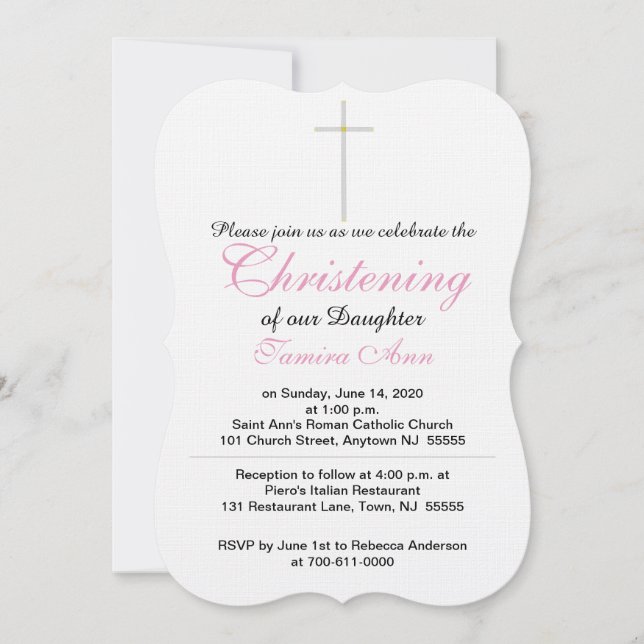 Invitación Christening Cross Daughter Pink White (Anverso)